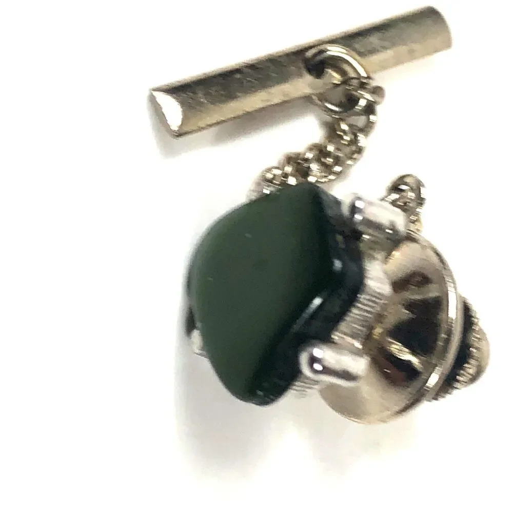 Vintage Polished Green Jadeite or Serpentine Stone Tie Tack w/ Chain Bar
